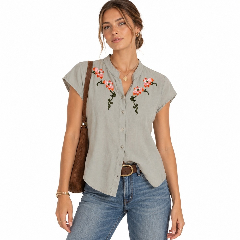 Bogari Button Down Top Womens L Cream Linen Floral Embroidered Boho Southwestern